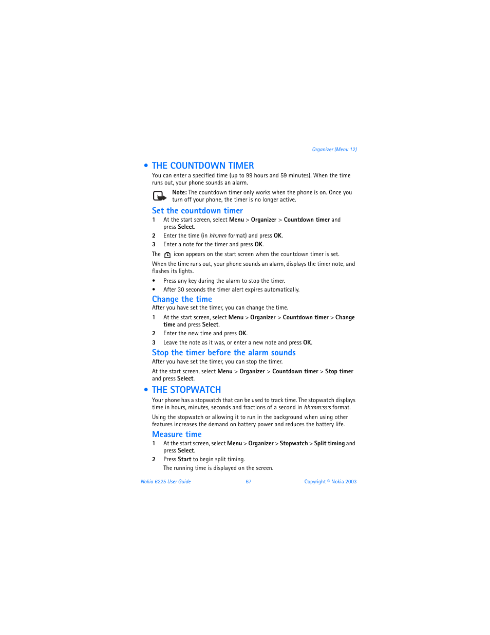The countdown timer, The stopwatch, Set the countdown timer | Change the time, Stop the timer before the alarm sounds, Measure time | Nokia 6225 User Manual | Page 74 / 201