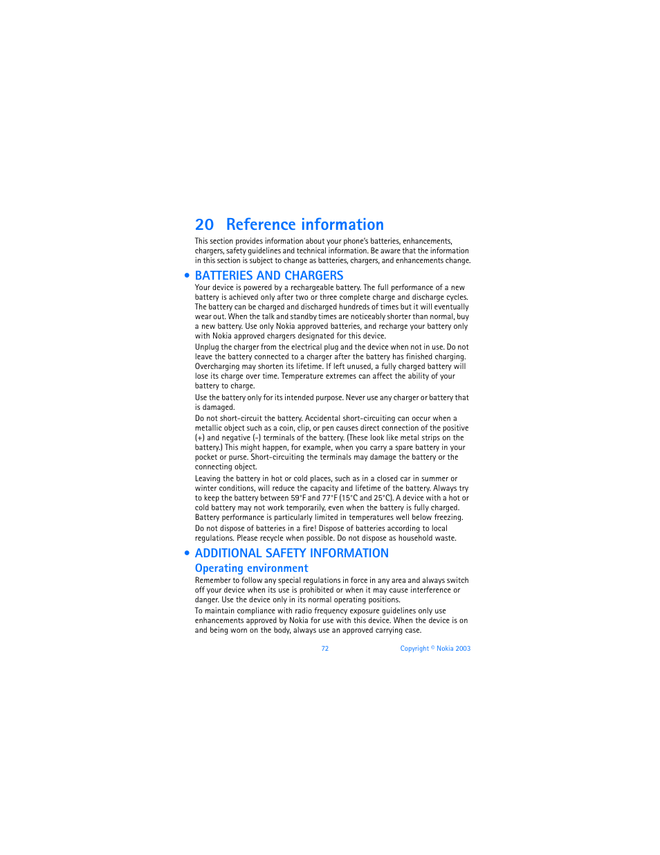 20 reference information, Batteries and chargers, Additional safety information | Nokia 6225 User Manual | Page 79 / 201