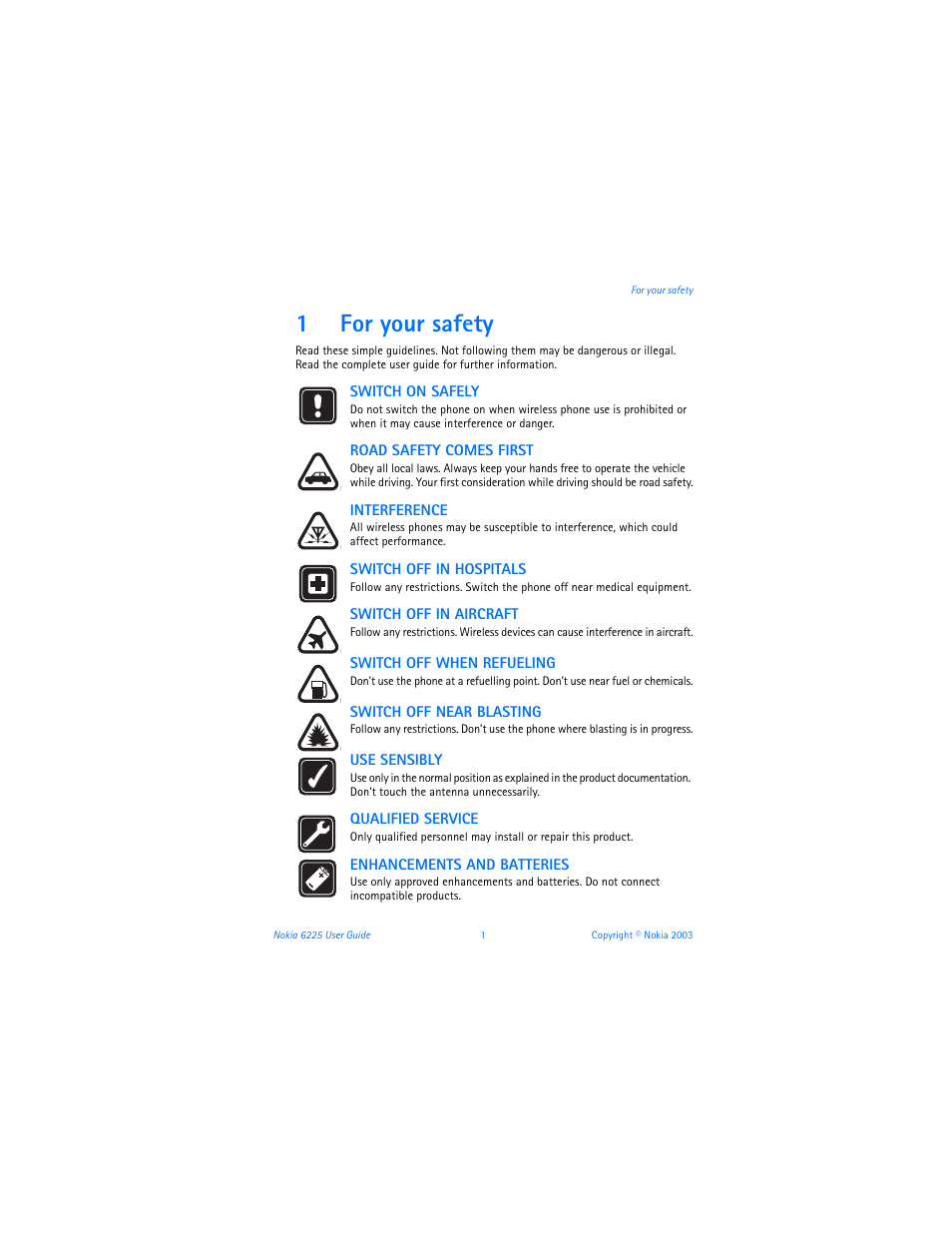 1 for your safety, For your safety, 1for your safety | Nokia 6225 User Manual | Page 8 / 201