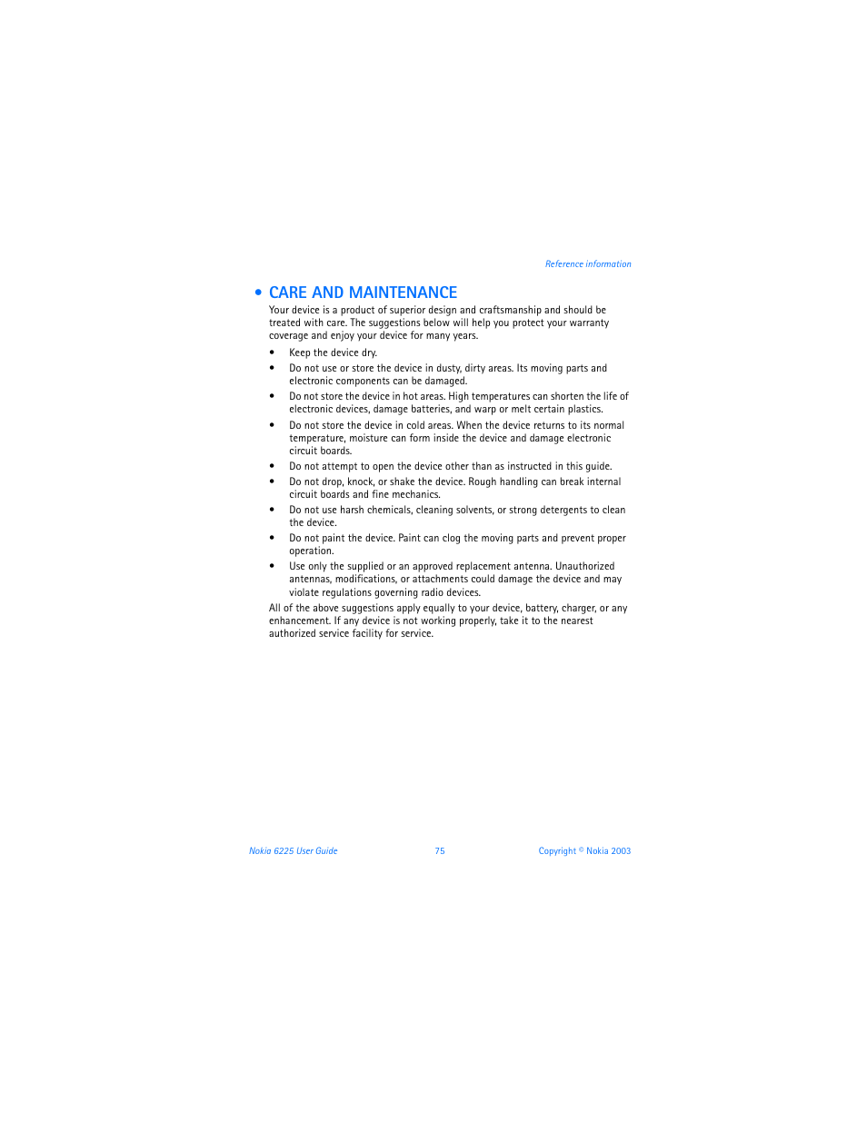 Care and maintenance | Nokia 6225 User Manual | Page 82 / 201