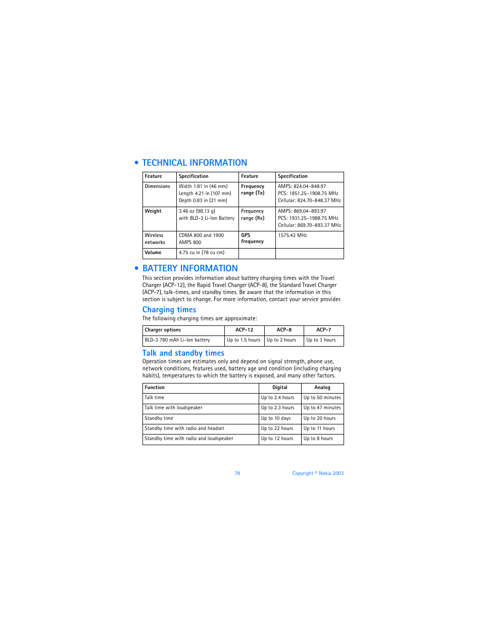 Technical information, Battery information, Technical information • battery information | Charging times, Talk and standby times | Nokia 6225 User Manual | Page 85 / 201