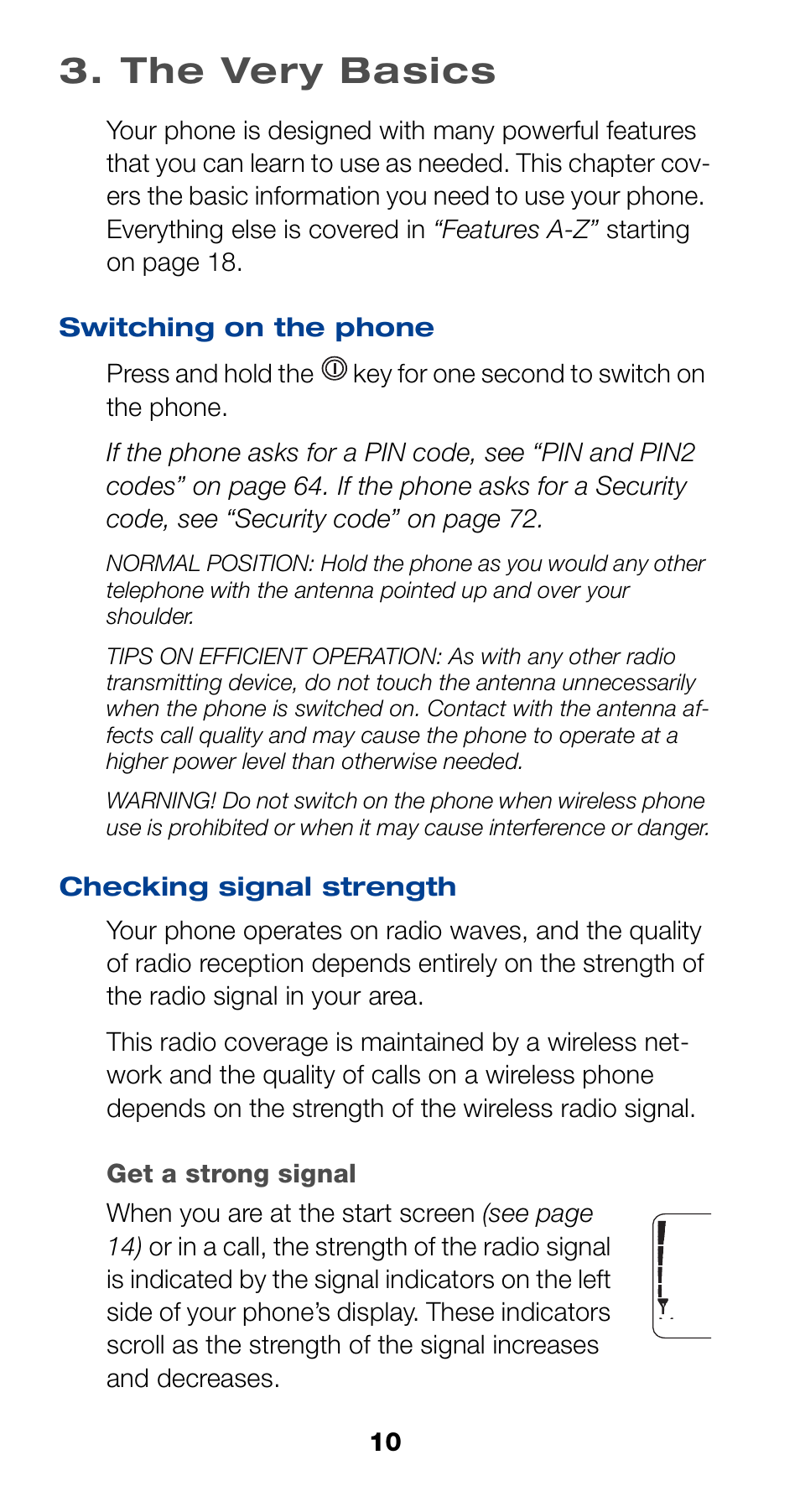 The very basics, Switching on the phone, Checking signal strength | 10 switching on the phone, 10 checking signal strength | Nokia 6190 User Manual | Page 12 / 112