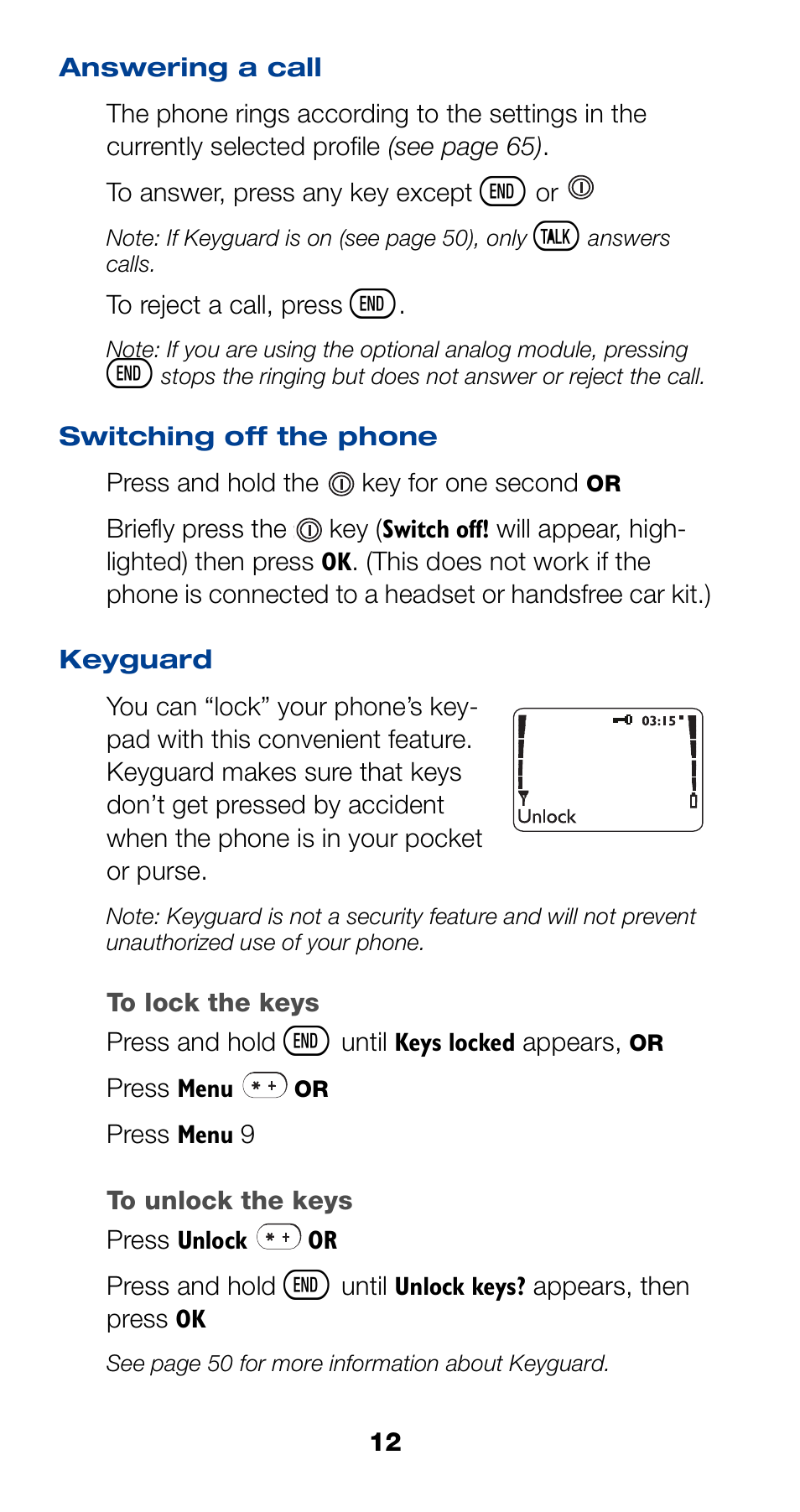 Answering a call, Switching off the phone, Keyguard | 12 switching off the phone, 12 keyguard | Nokia 6190 User Manual | Page 14 / 112