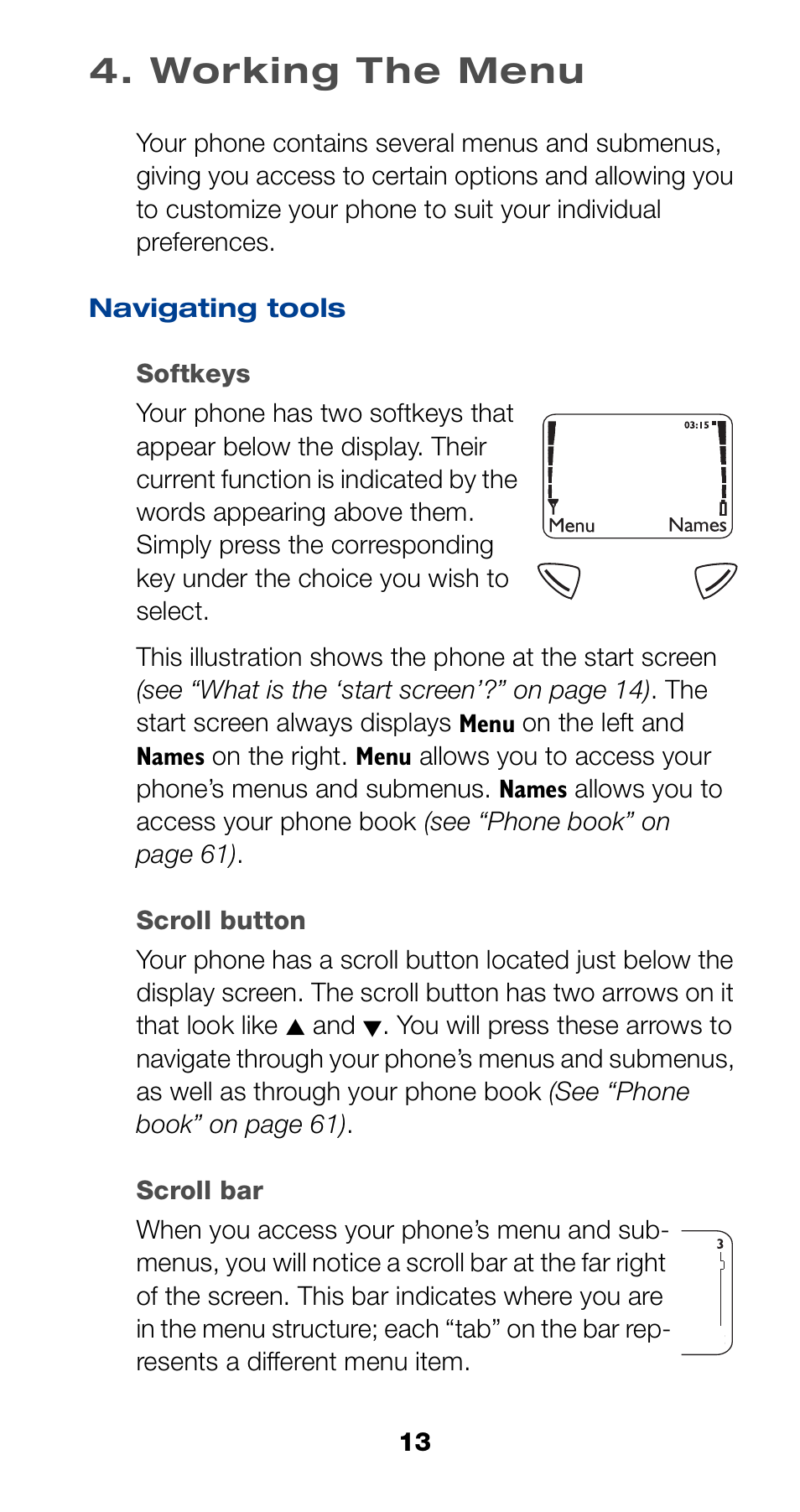 Working the menu, Navigating tools, 13 navigating tools | Nokia 6190 User Manual | Page 15 / 112