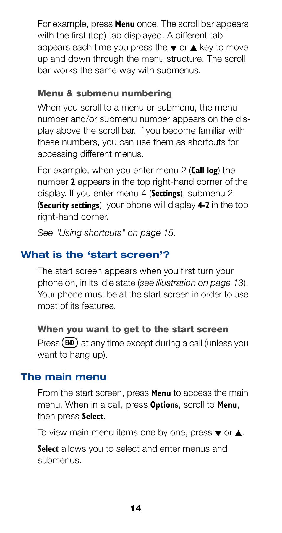 What is the ‘start screen, The main menu, 14 the main menu | Nokia 6190 User Manual | Page 16 / 112