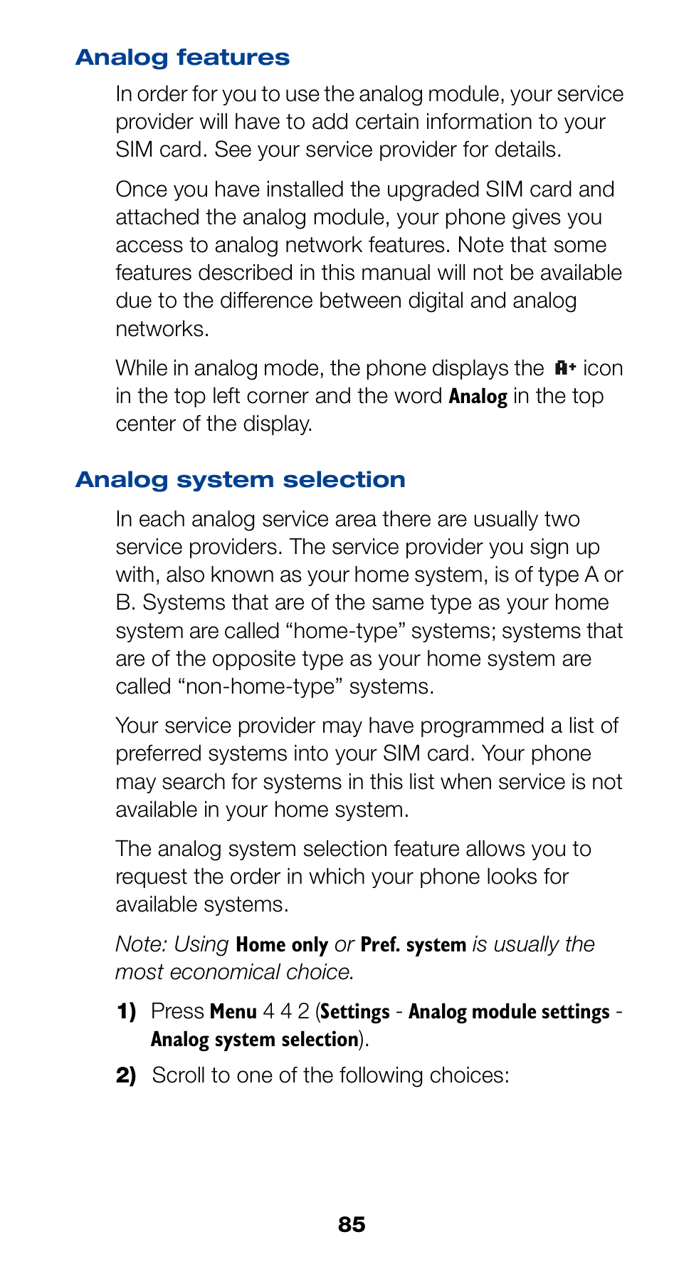 Analog features, Analog system selection, 85 analog system selection | Nokia 6190 User Manual | Page 87 / 112