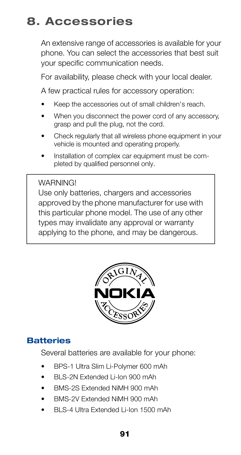 Accessories, Batteries, 91 batteries | Nokia 6190 User Manual | Page 93 / 112