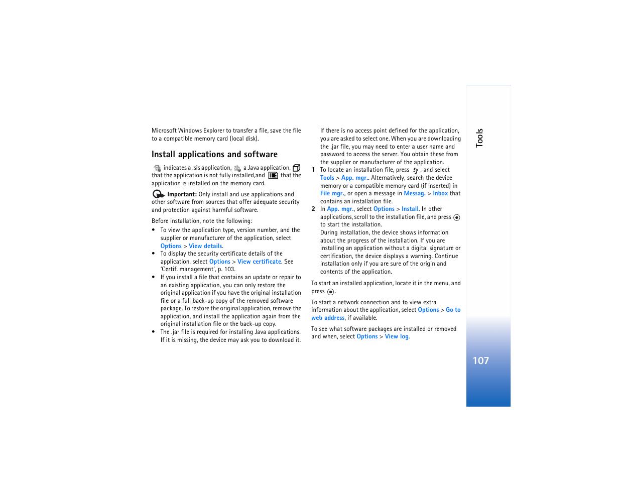 Tools, Install applications and software | Nokia N80 User Manual | Page 108 / 131