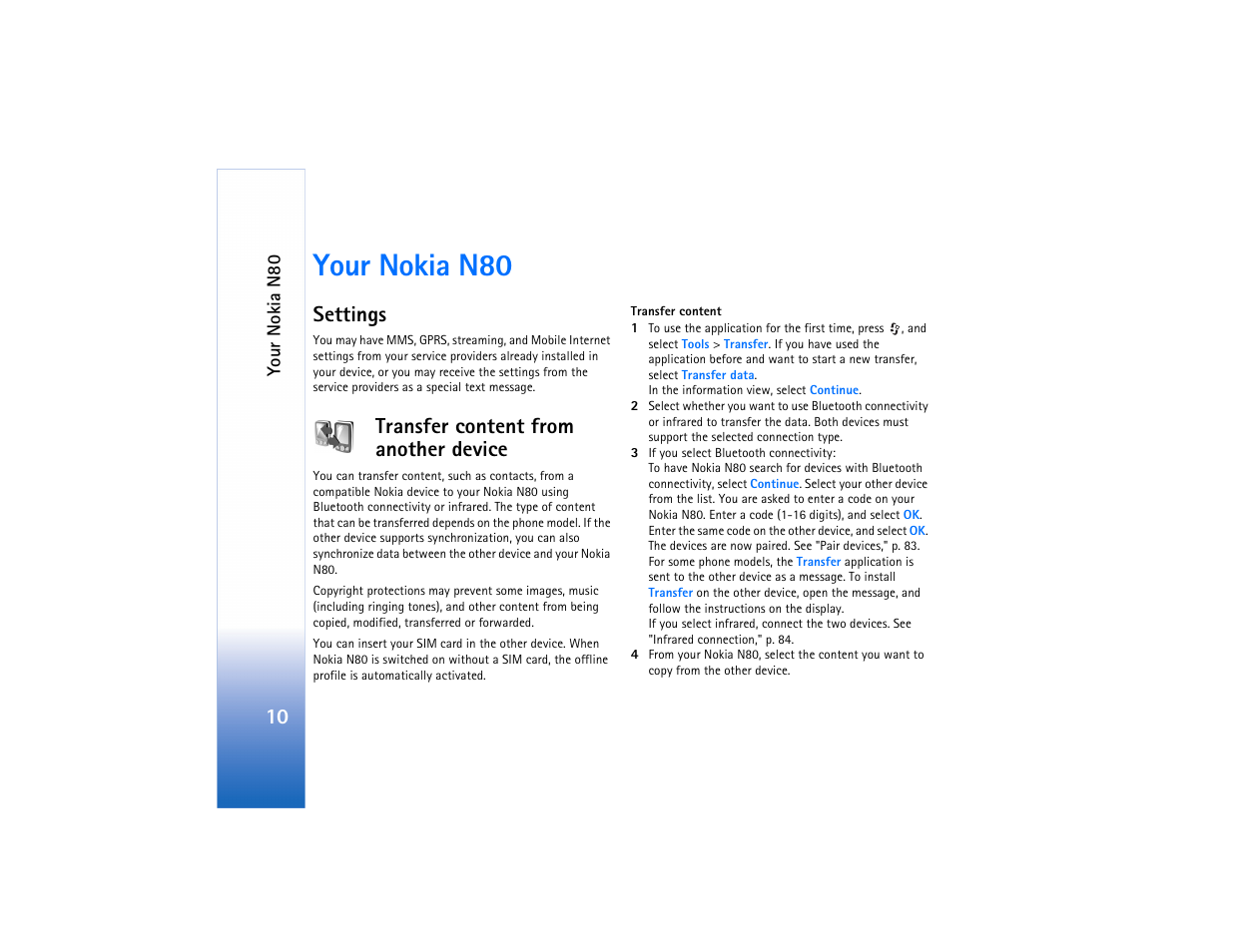 Your nokia n80, Settings, Transfer content from another device | Settings transfer content from another device | Nokia N80 User Manual | Page 11 / 131