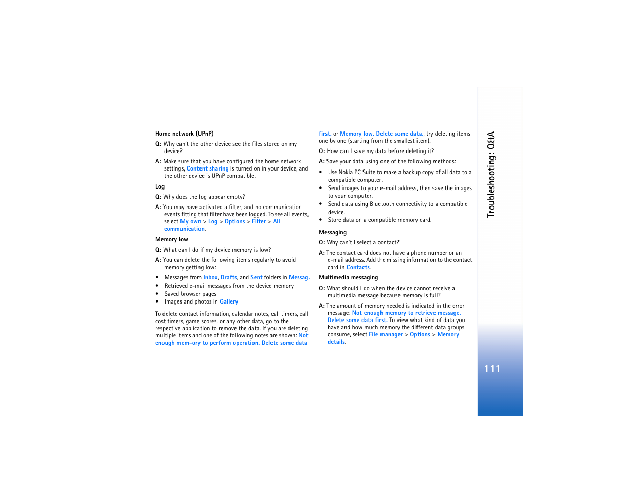Troubleshooting: q&a | Nokia N80 User Manual | Page 112 / 131