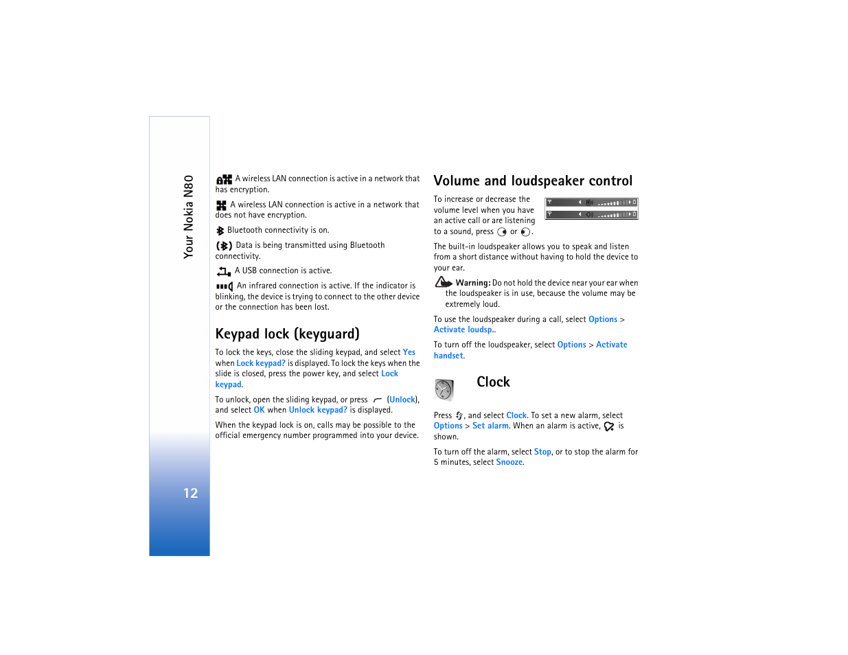 Keypad lock (keyguard), Volume and loudspeaker control, Clock | Your noki a n80 | Nokia N80 User Manual | Page 13 / 131