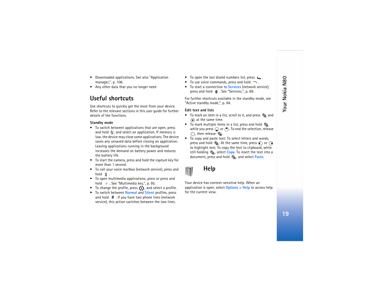 Useful shortcuts, Help, Useful shortcuts help | Your noki a n80 | Nokia N80 User Manual | Page 20 / 131