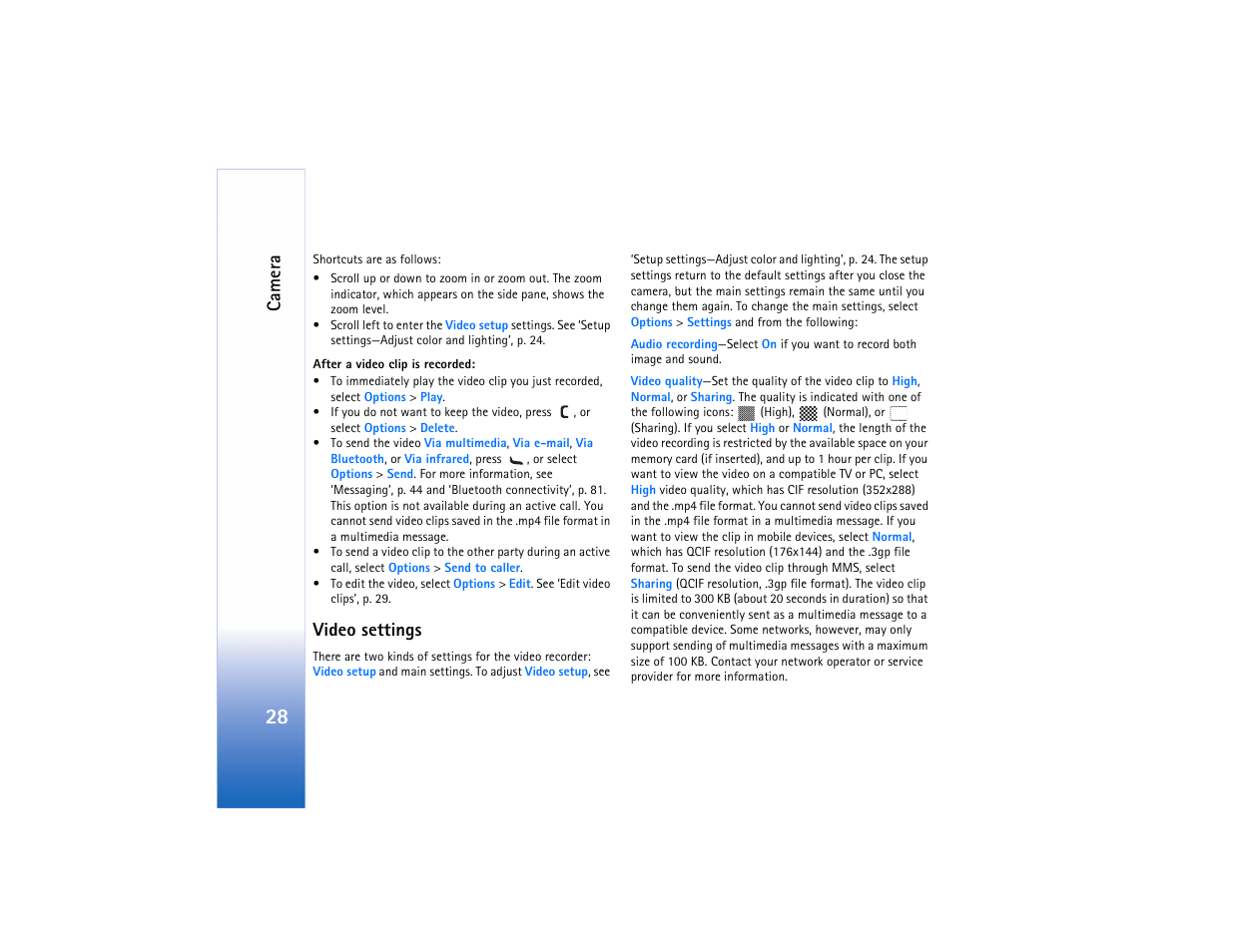 Video settings, Camera | Nokia N80 User Manual | Page 29 / 131