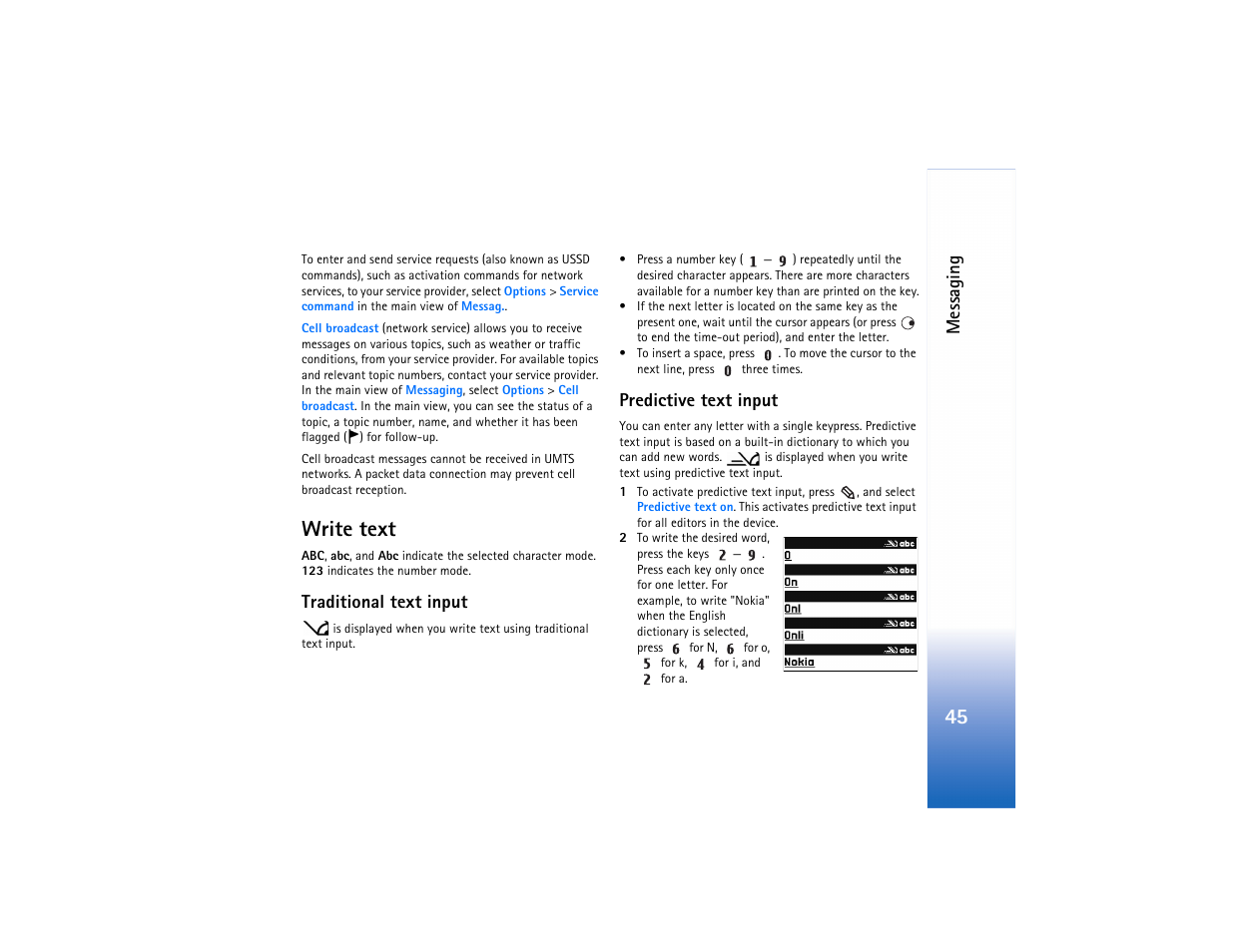 Write text, Messaging, Traditional text input | Predictive text input | Nokia N80 User Manual | Page 46 / 131