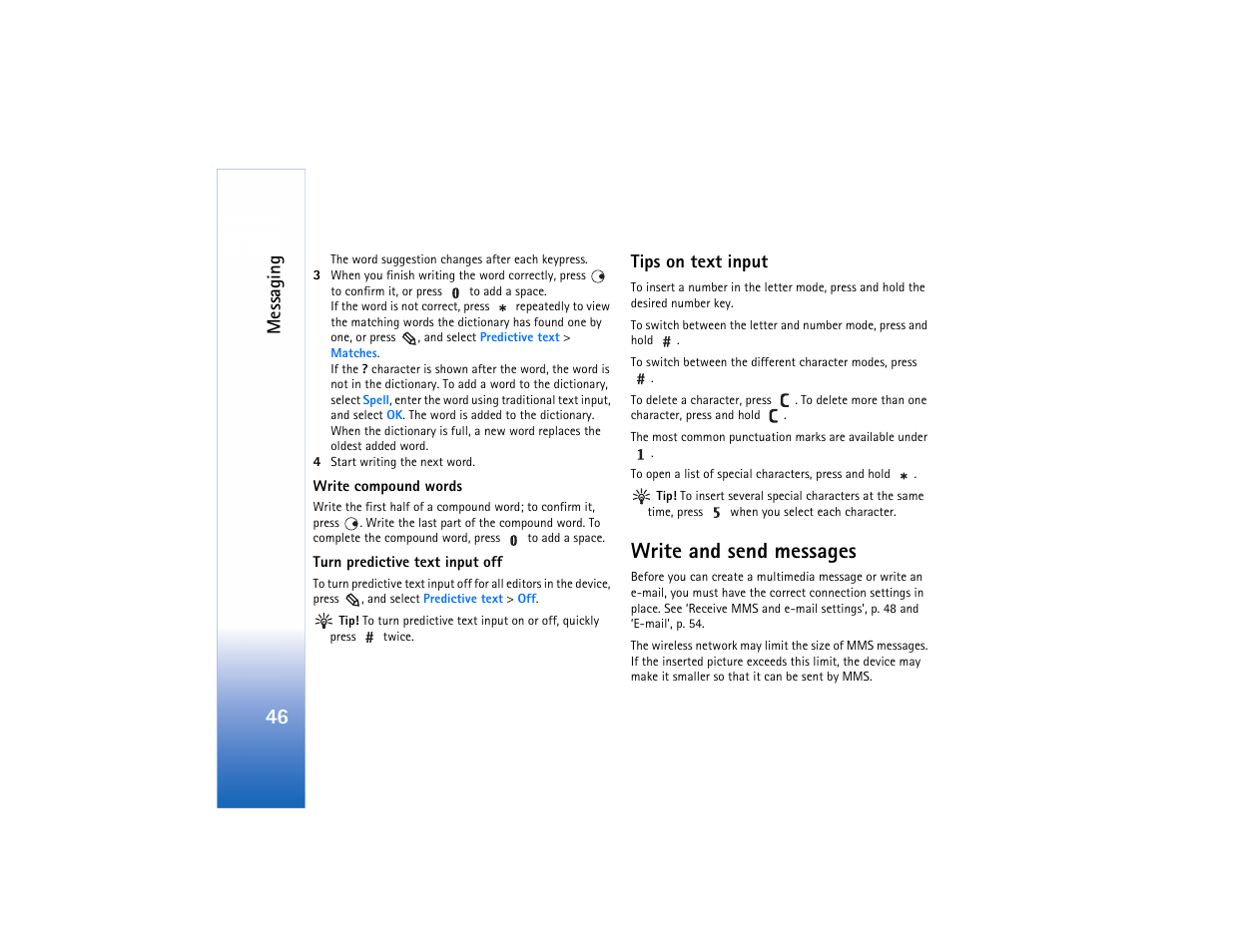 Write and send messages, Messaging, Tips on text input | Nokia N80 User Manual | Page 47 / 131