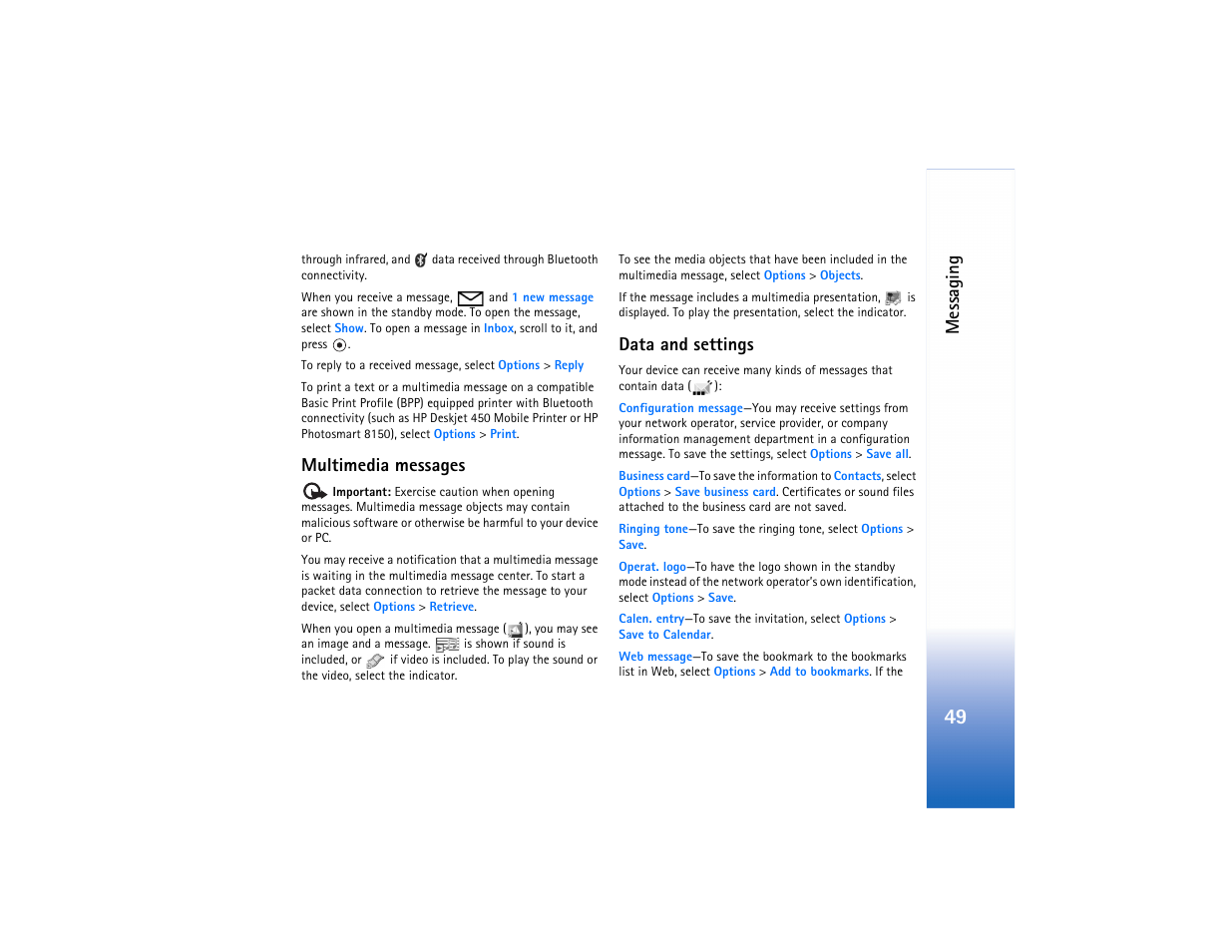 Data and settings’, p. 49, Messaging, Multimedia messages | Data and settings | Nokia N80 User Manual | Page 50 / 131