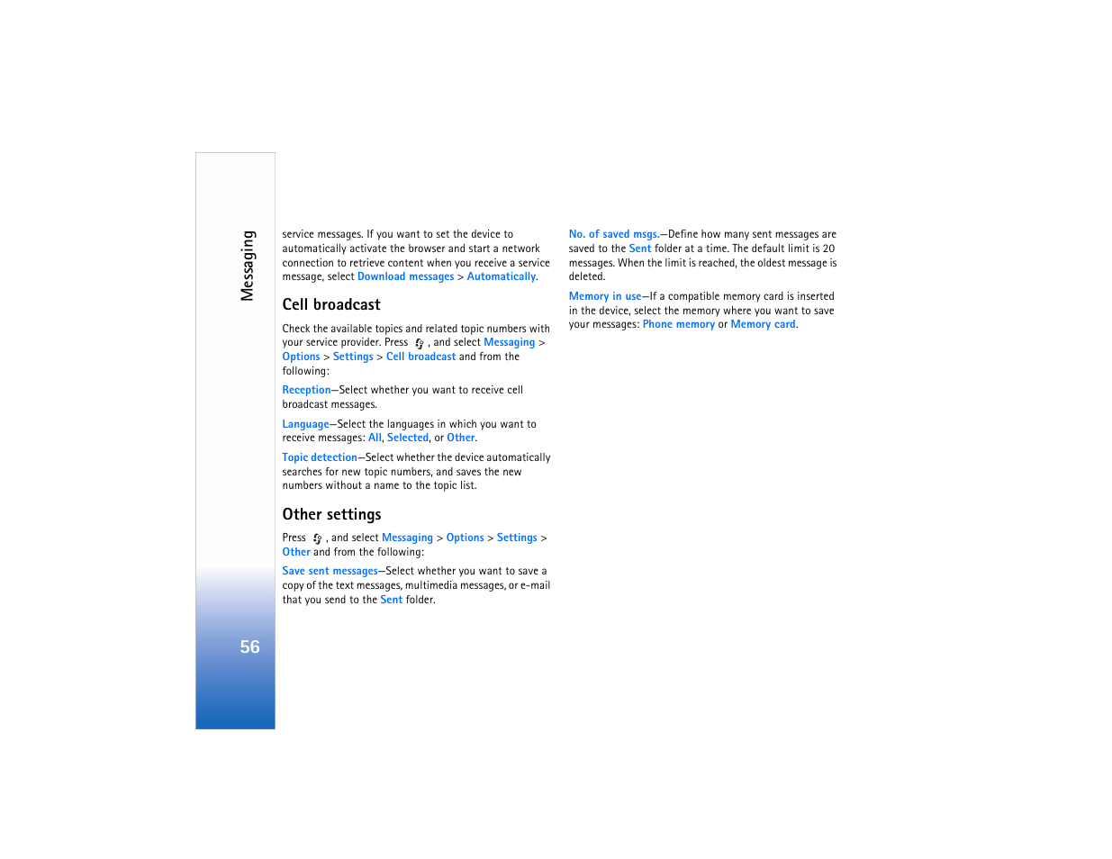 Messaging, Cell broadcast, Other settings | Nokia N80 User Manual | Page 57 / 131