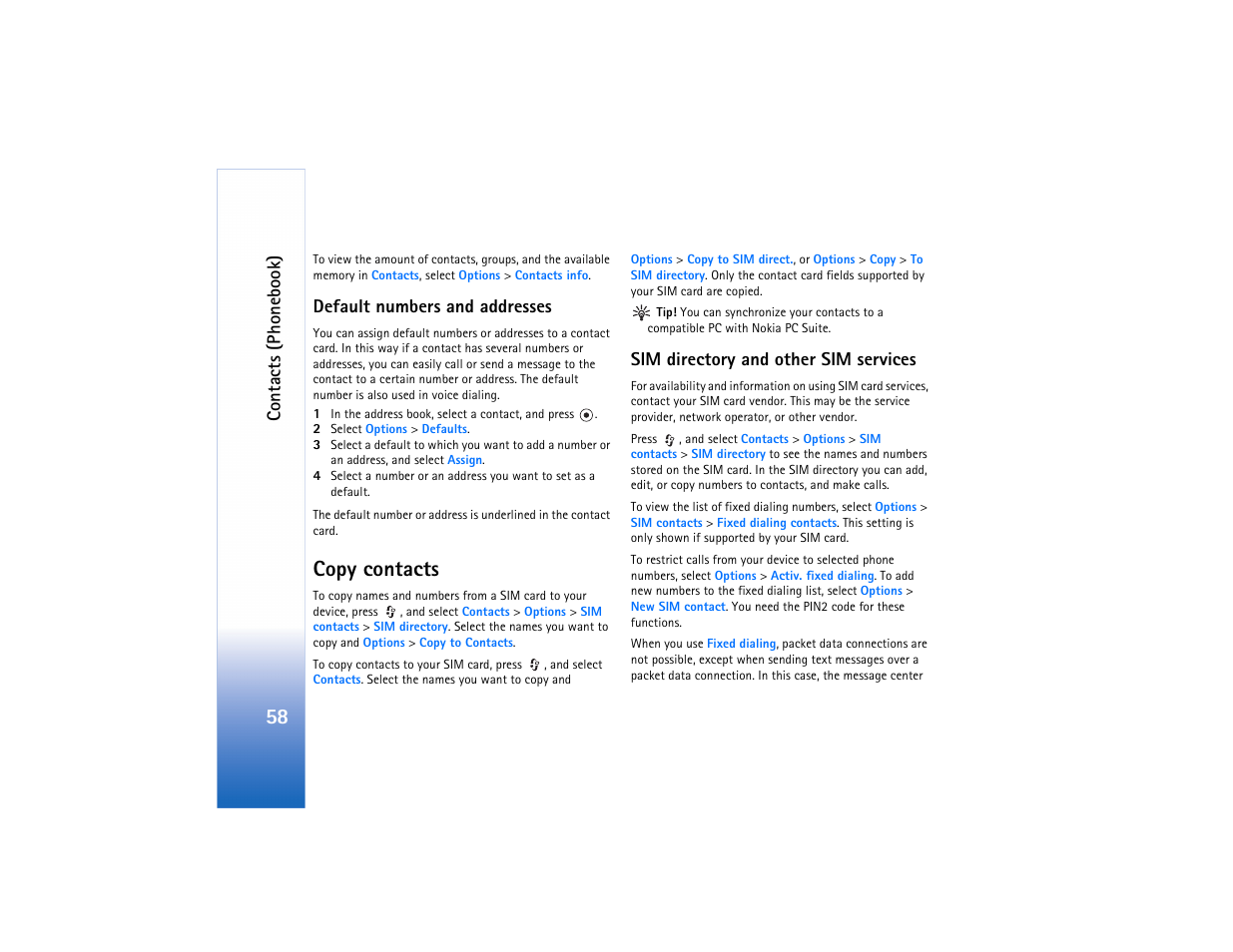 Copy contacts, Contacts (phonebook), Default numbers and addresses | Sim directory and other sim services | Nokia N80 User Manual | Page 59 / 131
