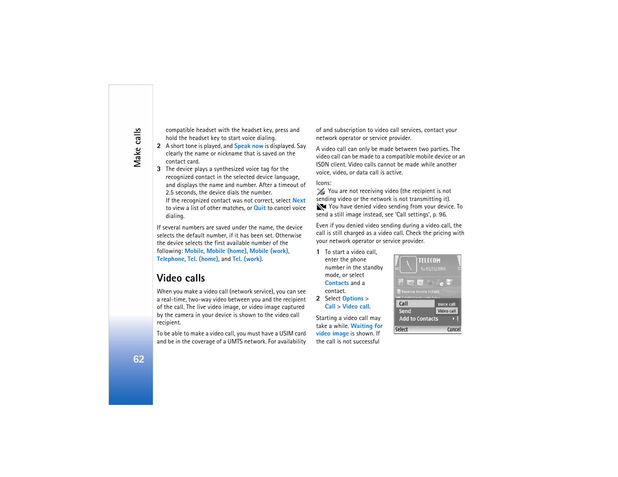 Video calls, Make calls | Nokia N80 User Manual | Page 63 / 131