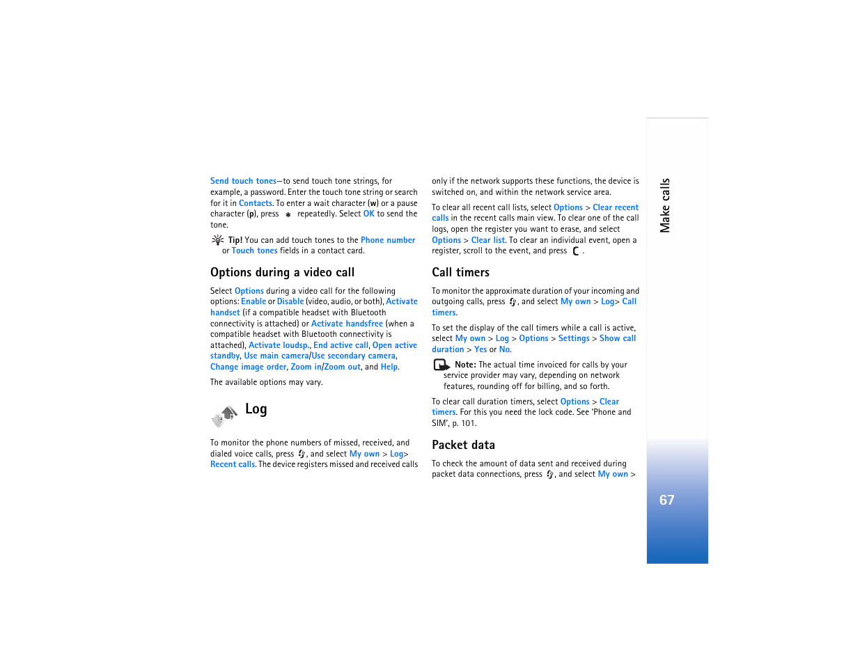 Make calls, Options during a video call, Call timers | Packet data | Nokia N80 User Manual | Page 68 / 131