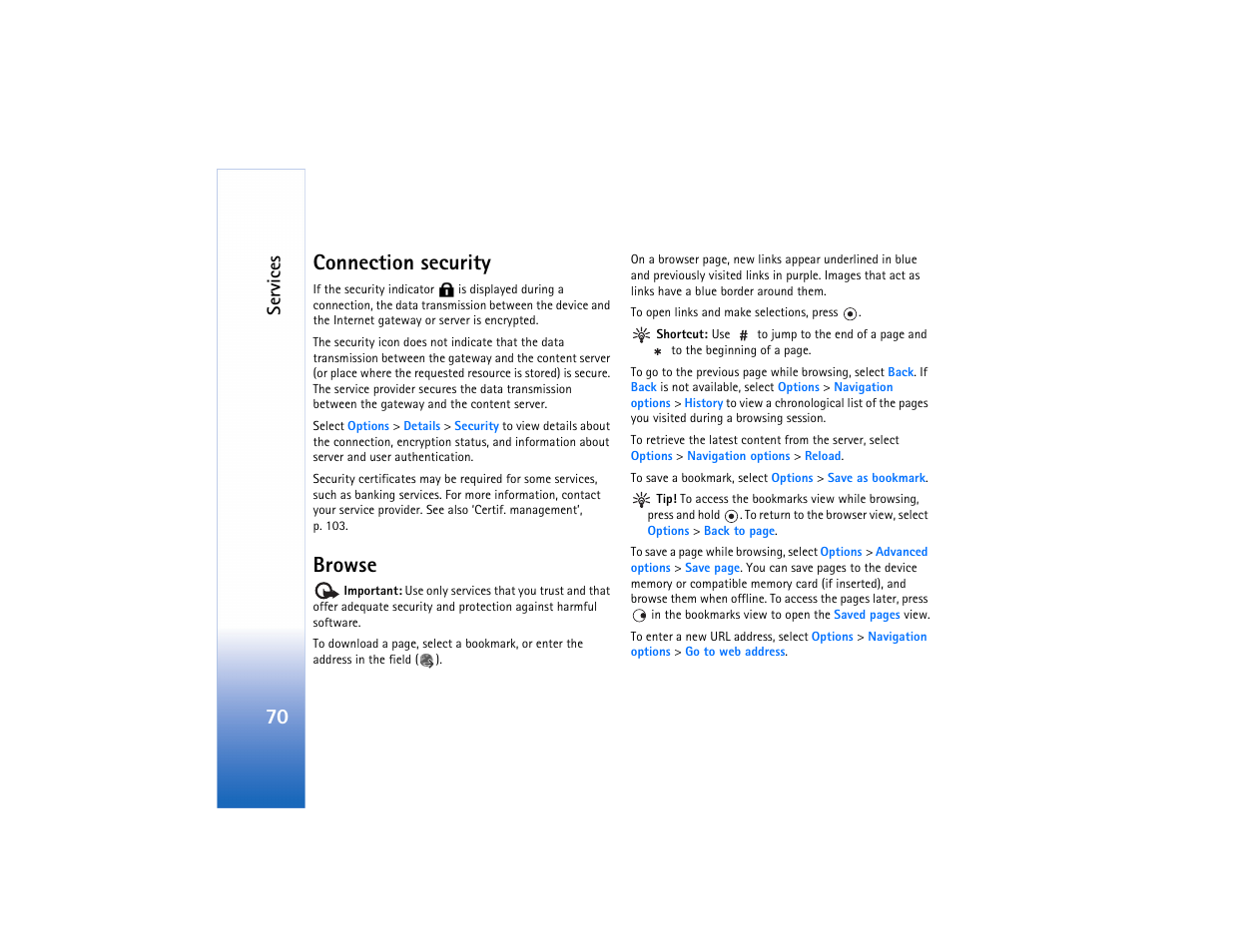 Connection security, Browse, Connection security browse | 70 connection security, Ser vic es | Nokia N80 User Manual | Page 71 / 131