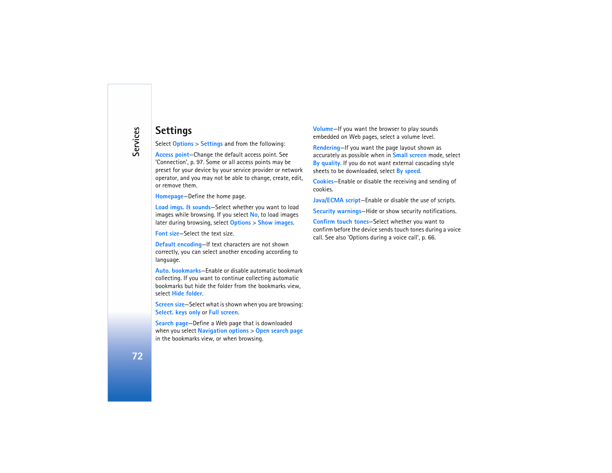 Settings, 72 settings, Ser vic es | Nokia N80 User Manual | Page 73 / 131