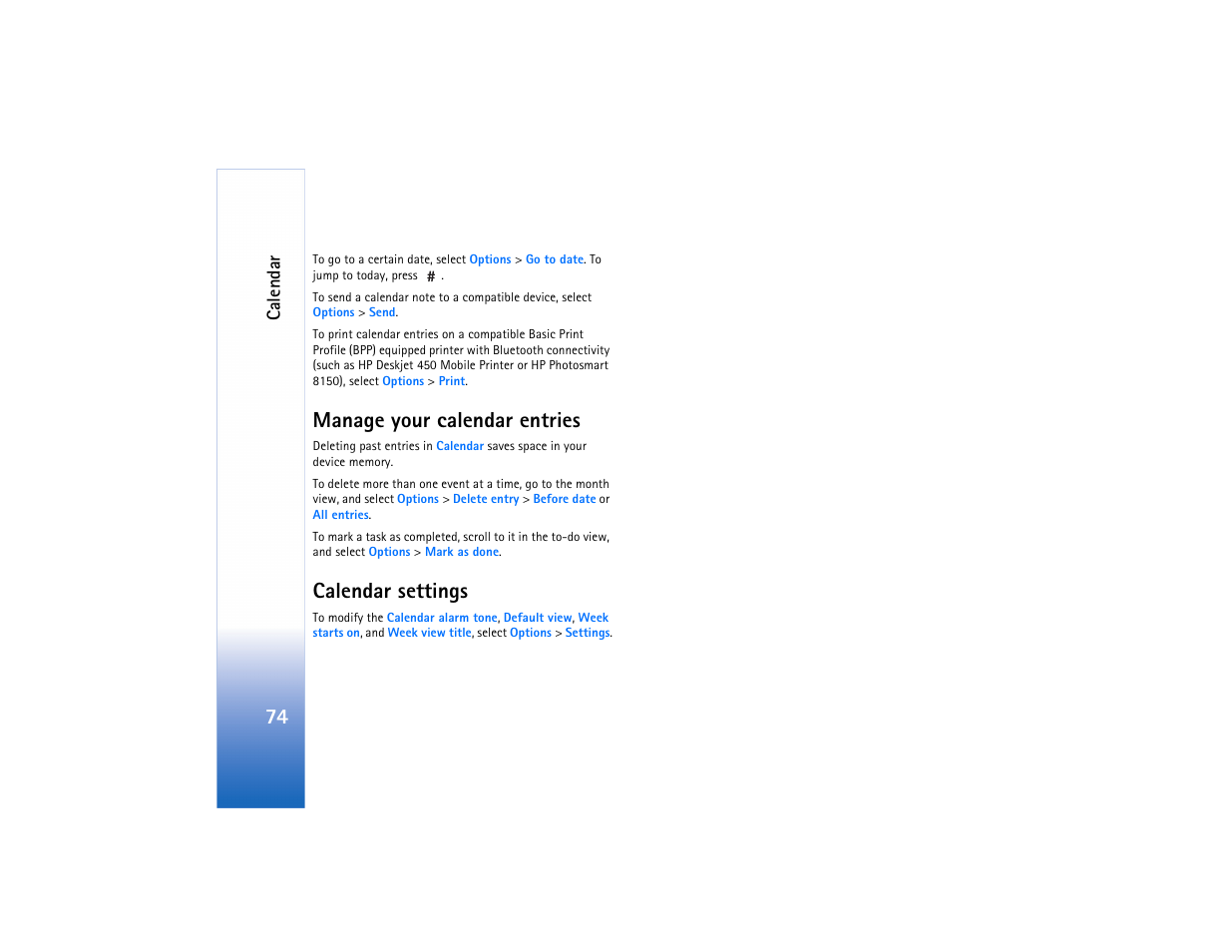 Manage your calendar entries, Calendar settings, Manage your calendar entries calendar settings | Calendar | Nokia N80 User Manual | Page 75 / 131