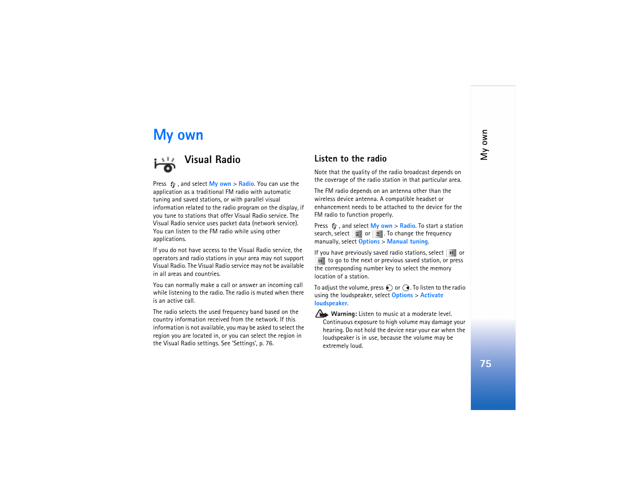 My own, Visual radio | Nokia N80 User Manual | Page 76 / 131