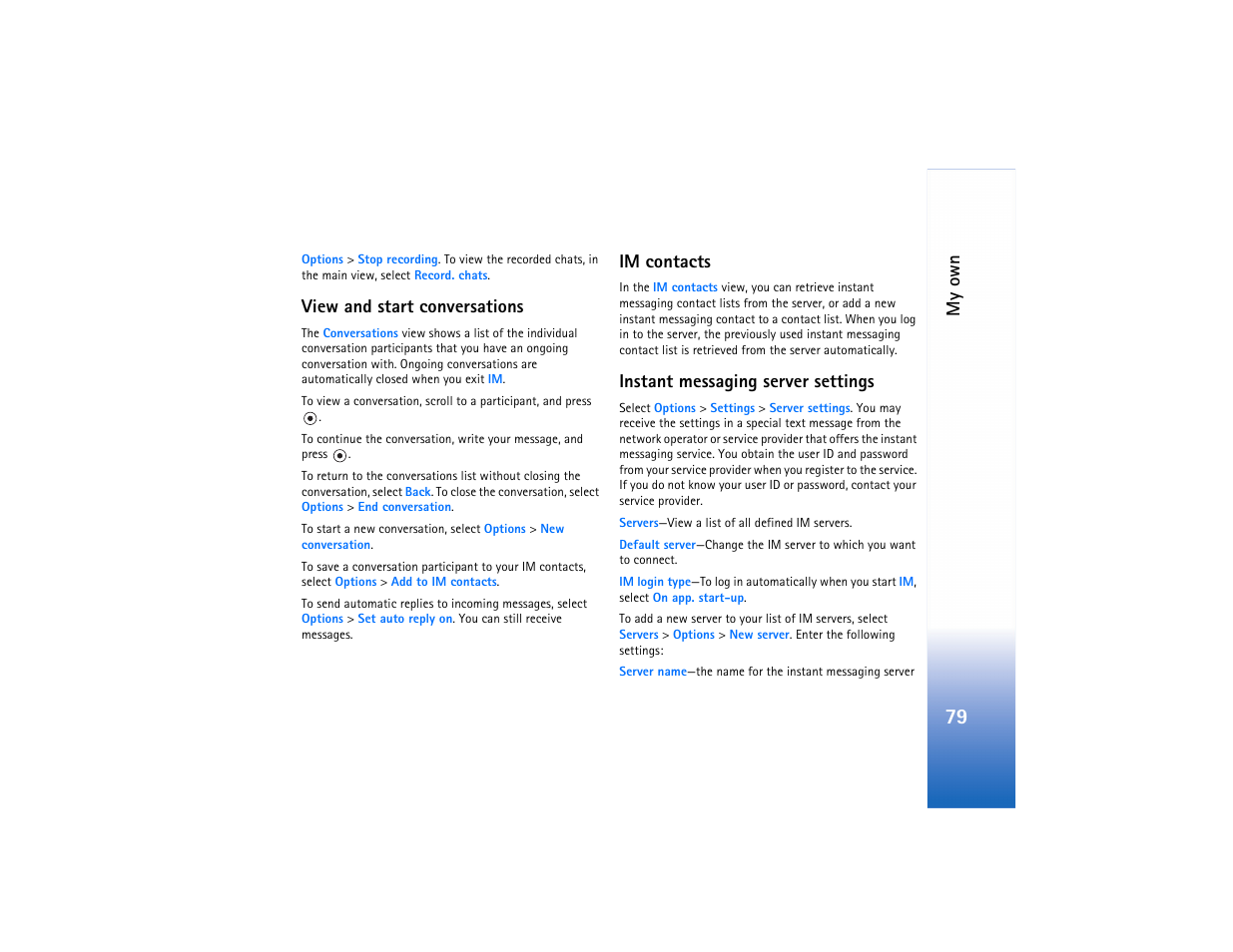 My own, View and start conversations, Im contacts | Instant messaging server settings | Nokia N80 User Manual | Page 80 / 131