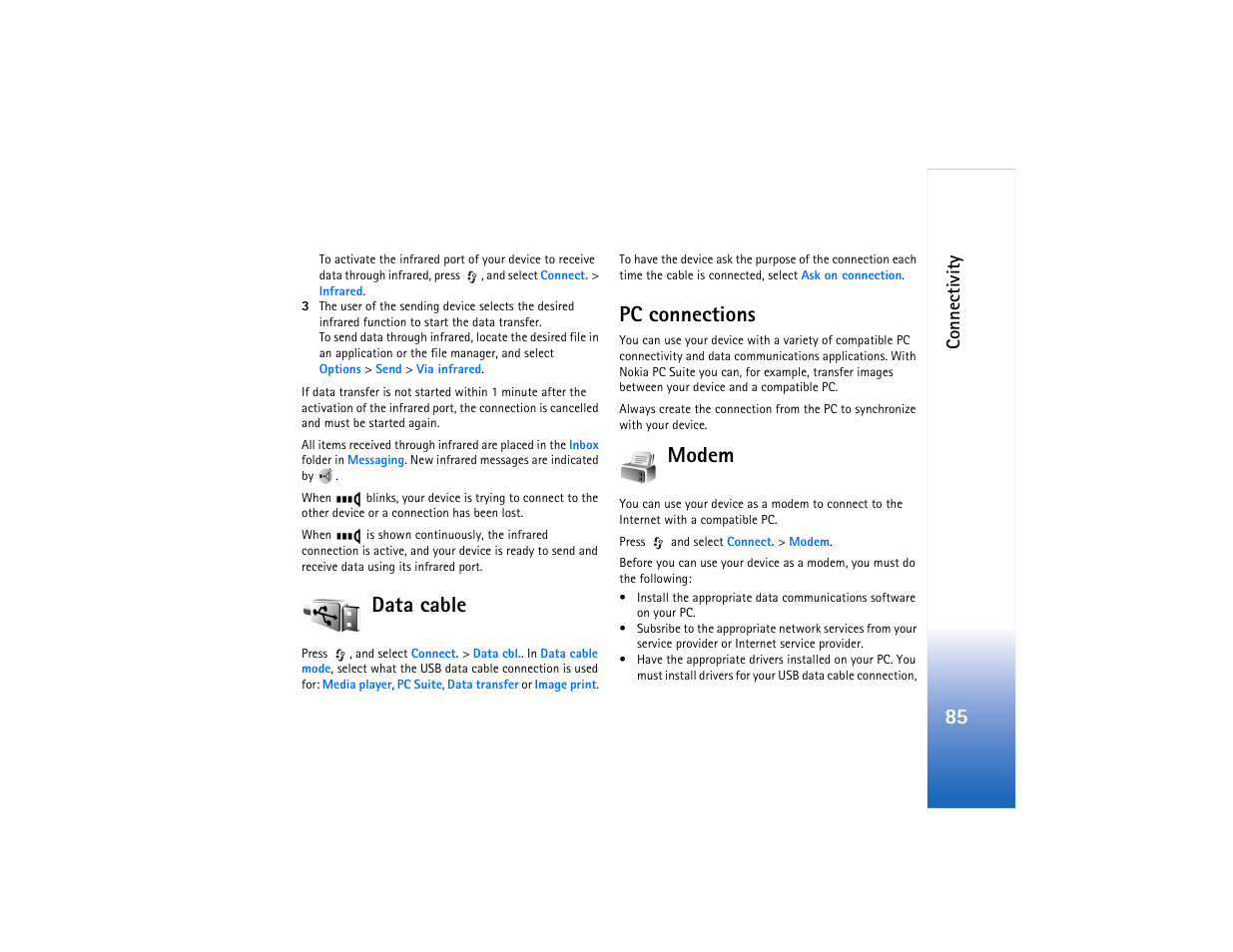 Data cable, Pc connections, Data cable pc connections | Modem, Connectivity | Nokia N80 User Manual | Page 86 / 131