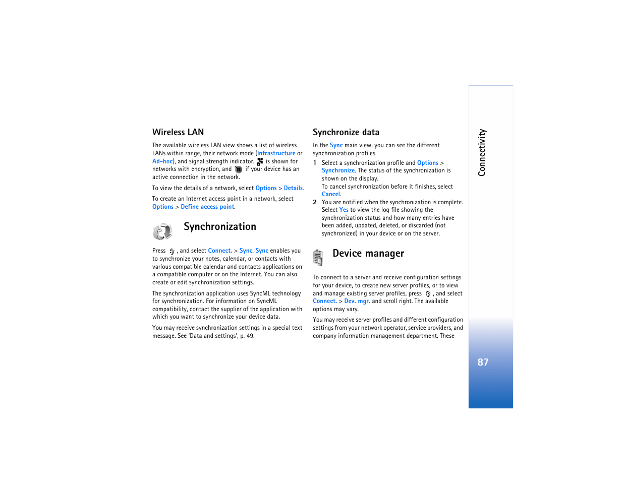Synchronization, Device manager, Synchronization device manager | Connectivity, Wireless lan, Synchronize data | Nokia N80 User Manual | Page 88 / 131