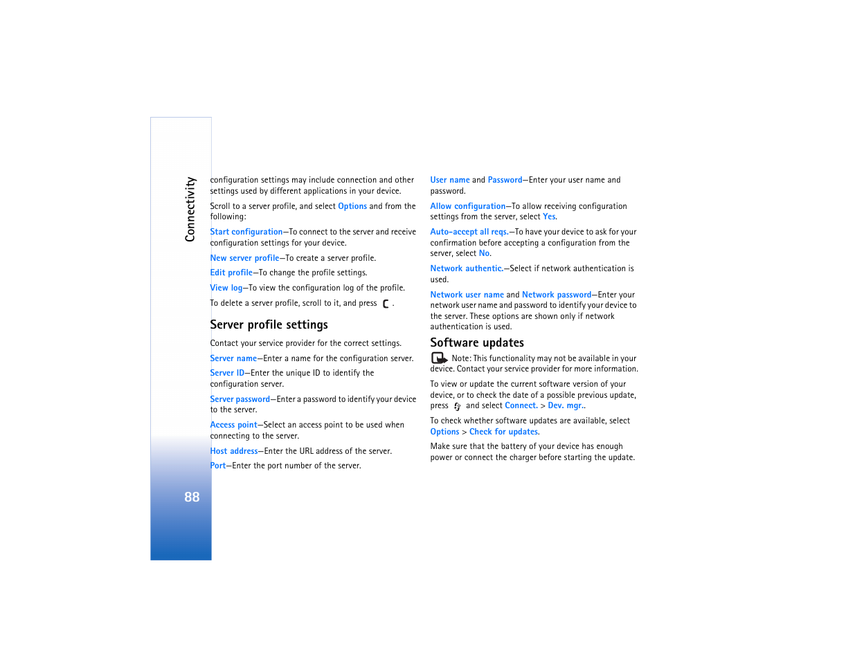 Connectivity, Server profile settings, Software updates | Nokia N80 User Manual | Page 89 / 131