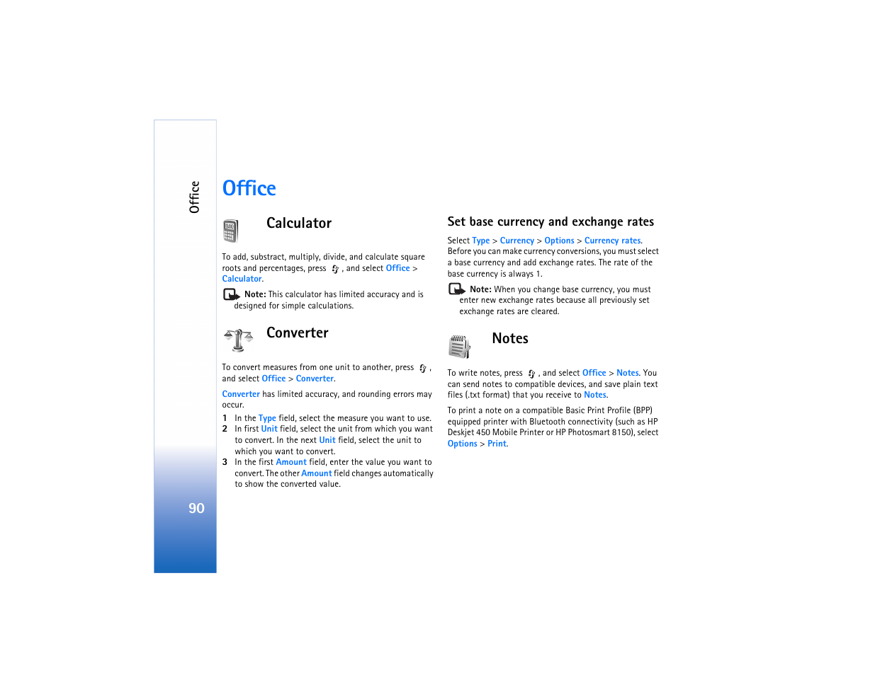 Office, Calculator, Converter | Notes, Calculator converter notes | Nokia N80 User Manual | Page 91 / 131
