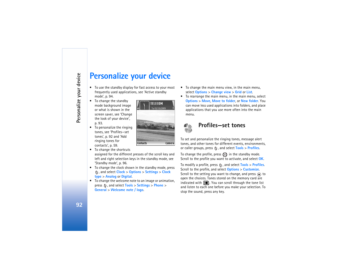 Personalize your device, Profiles, Profiles—set tones | See "personalize your device," p. 92, Pers onalize your device | Nokia N80 User Manual | Page 93 / 131