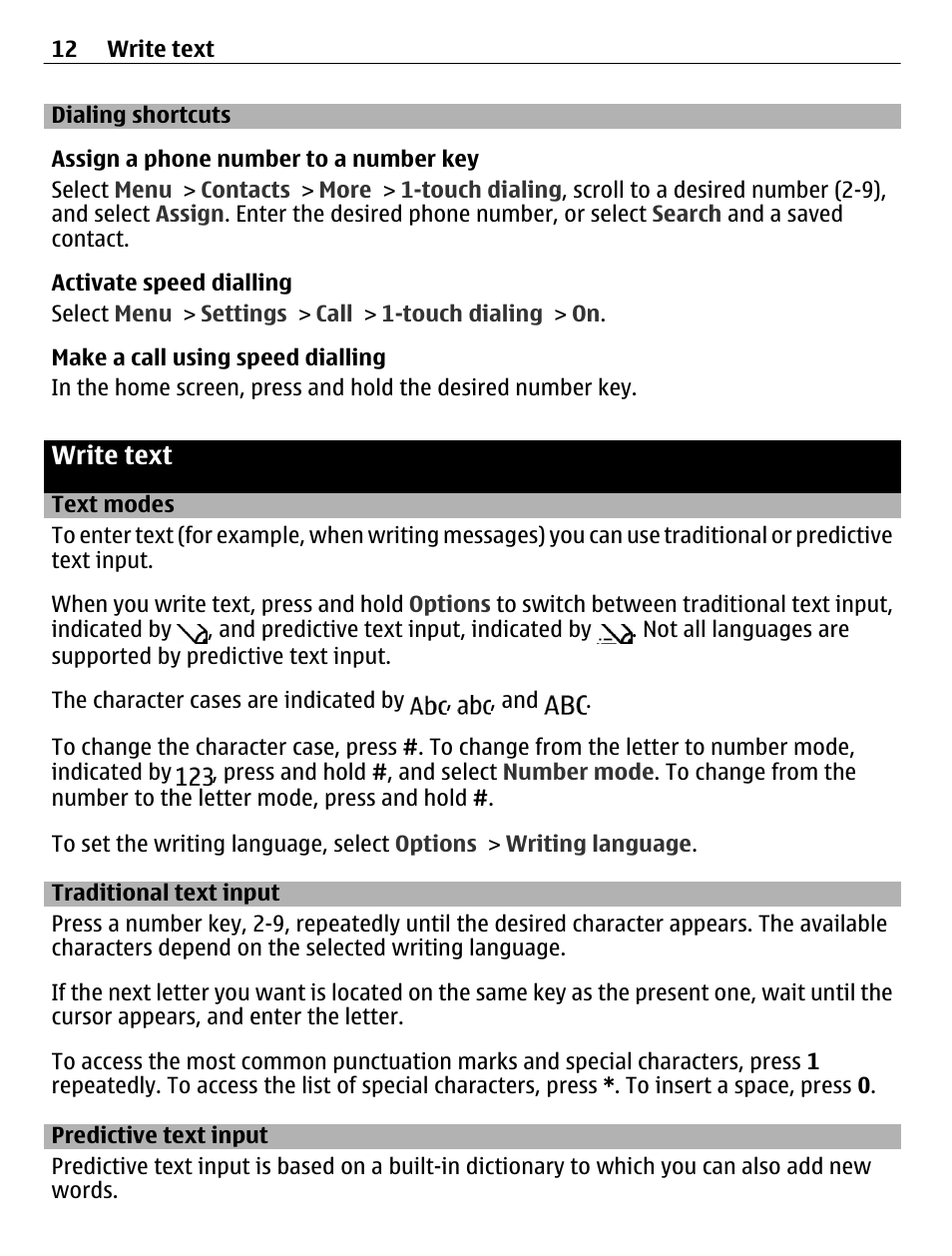 Dialing shortcuts, Write text, Text modes | Traditional text input, Predictive text input | Nokia C1-01 User Manual | Page 12 / 36