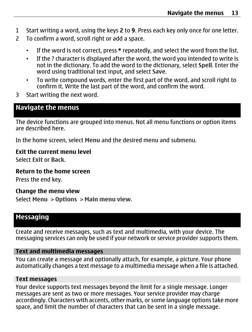 Navigate the menus, Messaging, Text and multimedia messages | Text messages | Nokia C1-01 User Manual | Page 13 / 36