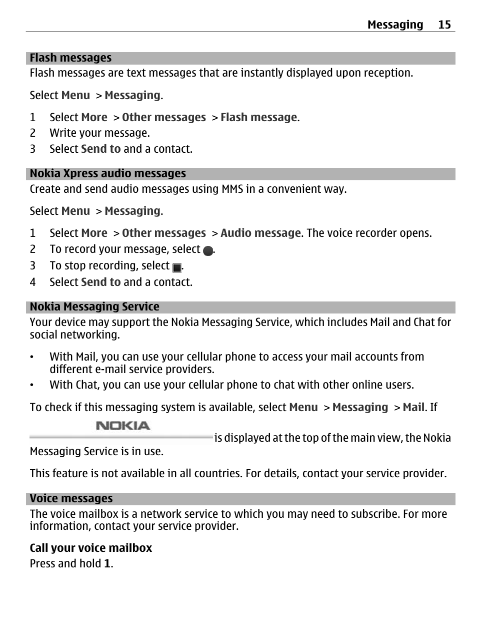 Flash messages, Nokia xpress audio messages, Nokia messaging service | Voice messages | Nokia C1-01 User Manual | Page 15 / 36