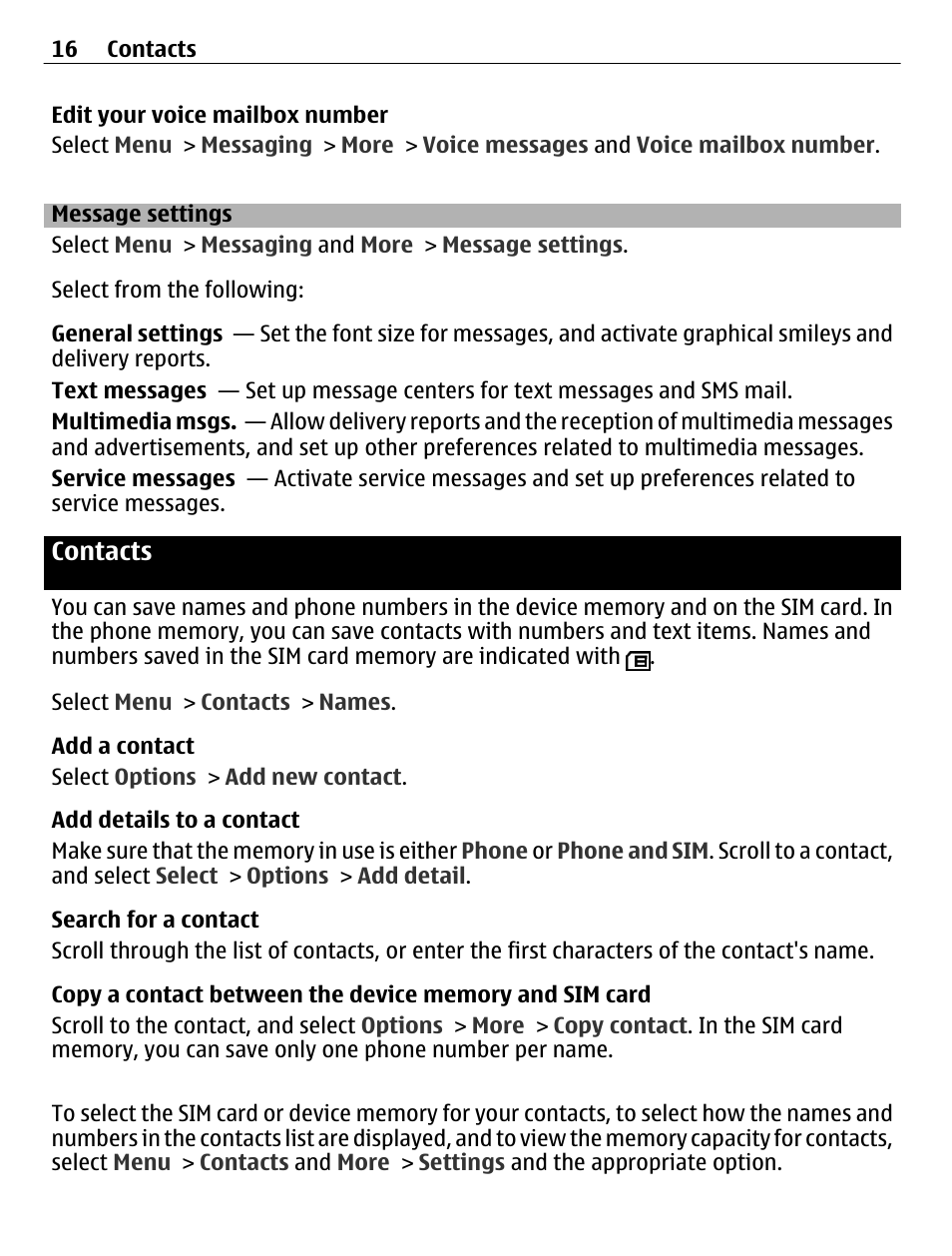Message settings, Contacts | Nokia C1-01 User Manual | Page 16 / 36