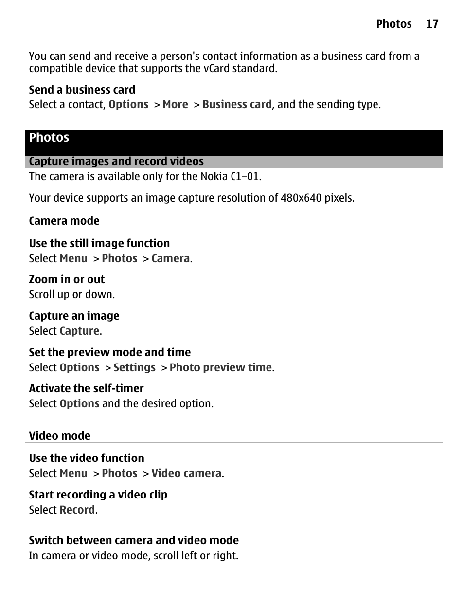 Photos, Capture images and record videos | Nokia C1-01 User Manual | Page 17 / 36