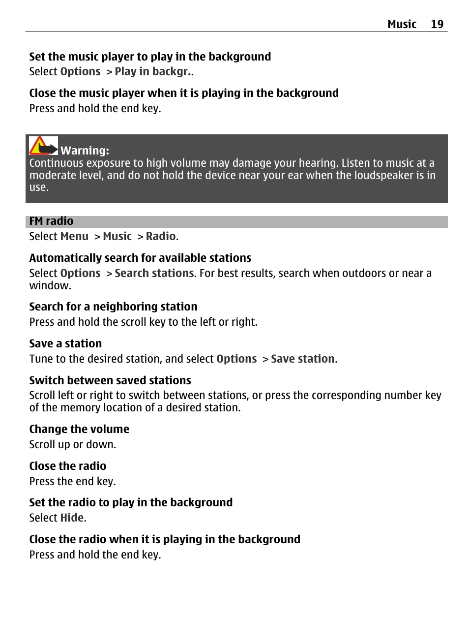 Fm radio | Nokia C1-01 User Manual | Page 19 / 36