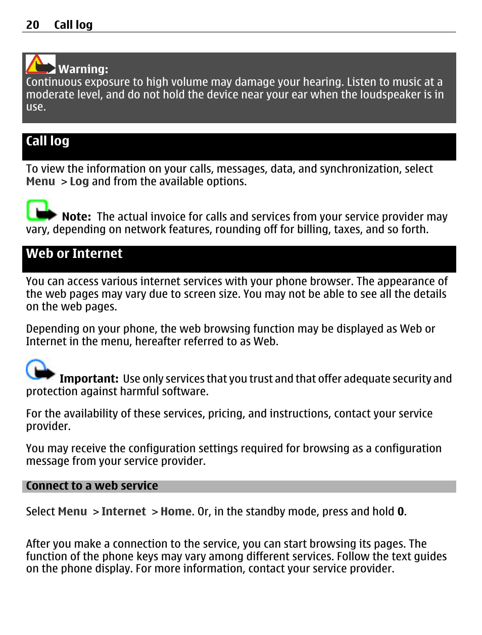 Call log, Web or internet, Connect to a web service | Nokia C1-01 User Manual | Page 20 / 36