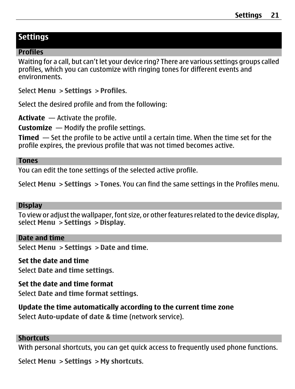 Settings, Profiles, Tones | Display, Date and time, Shortcuts | Nokia C1-01 User Manual | Page 21 / 36