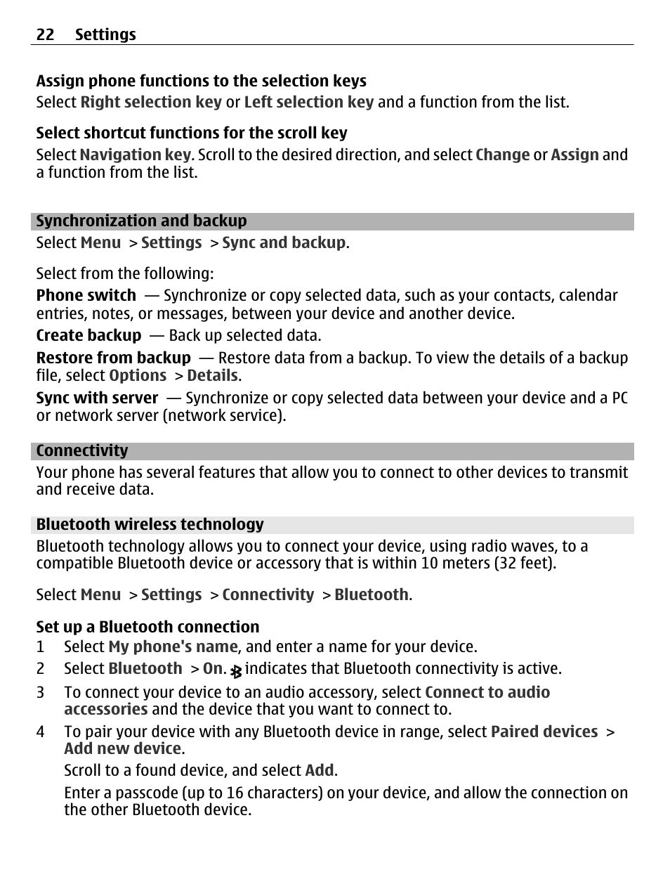 Synchronization and backup, Connectivity, Bluetooth wireless technology | Nokia C1-01 User Manual | Page 22 / 36