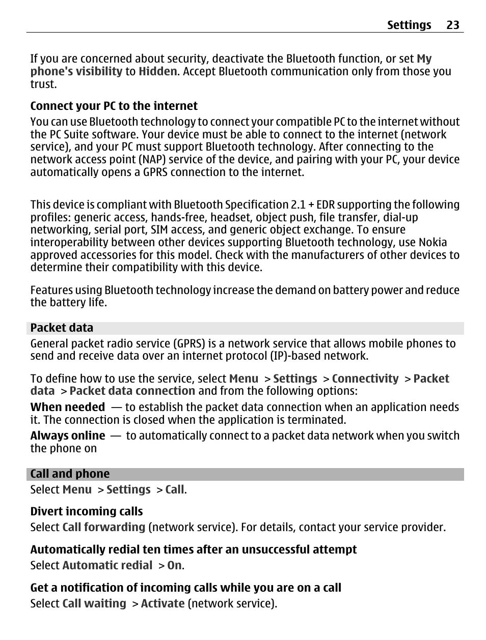 Packet data, Call and phone | Nokia C1-01 User Manual | Page 23 / 36