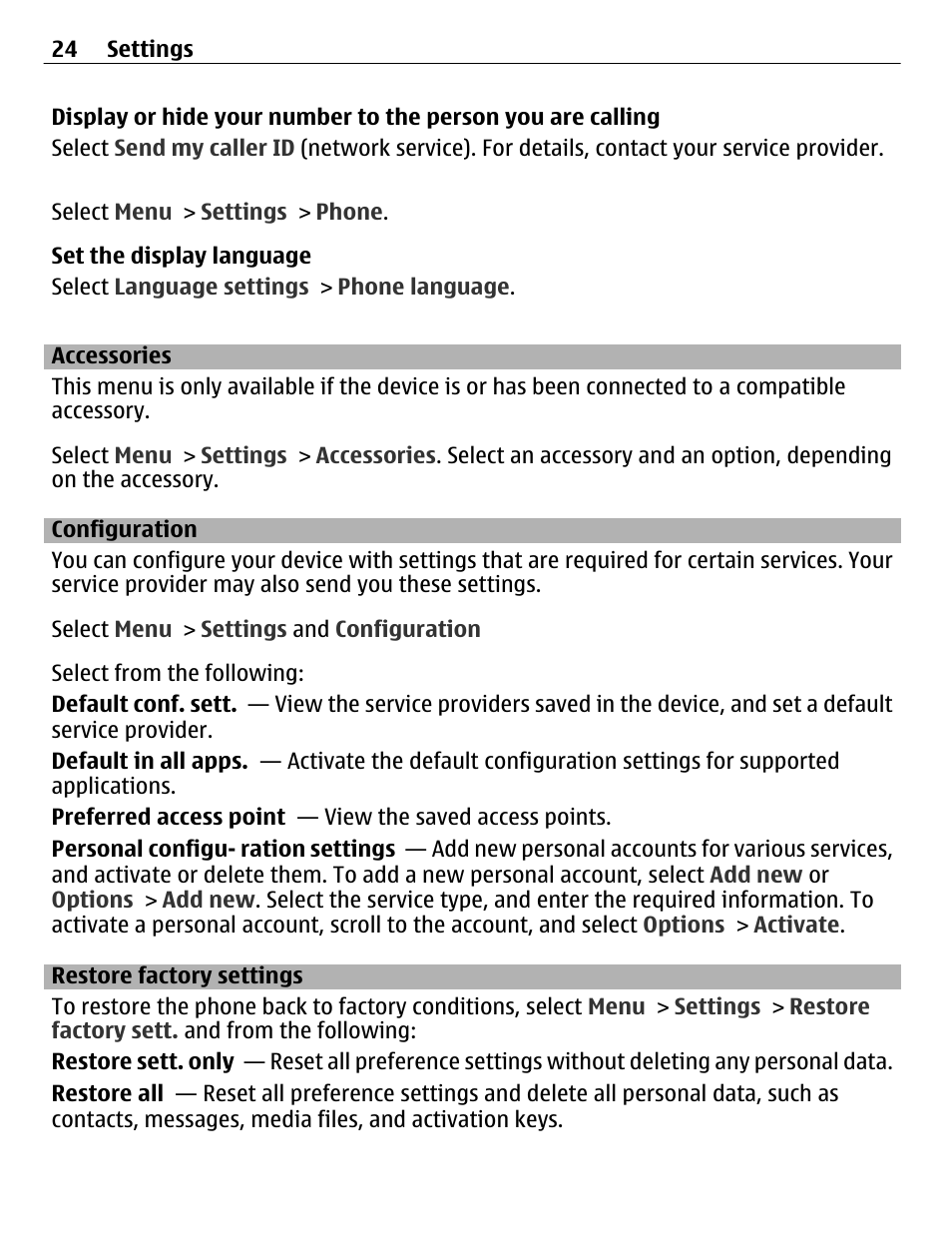 Accessories, Configuration, Restore factory settings | Nokia C1-01 User Manual | Page 24 / 36
