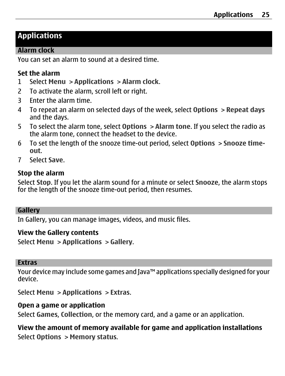 Applications, Alarm clock, Gallery | Extras | Nokia C1-01 User Manual | Page 25 / 36