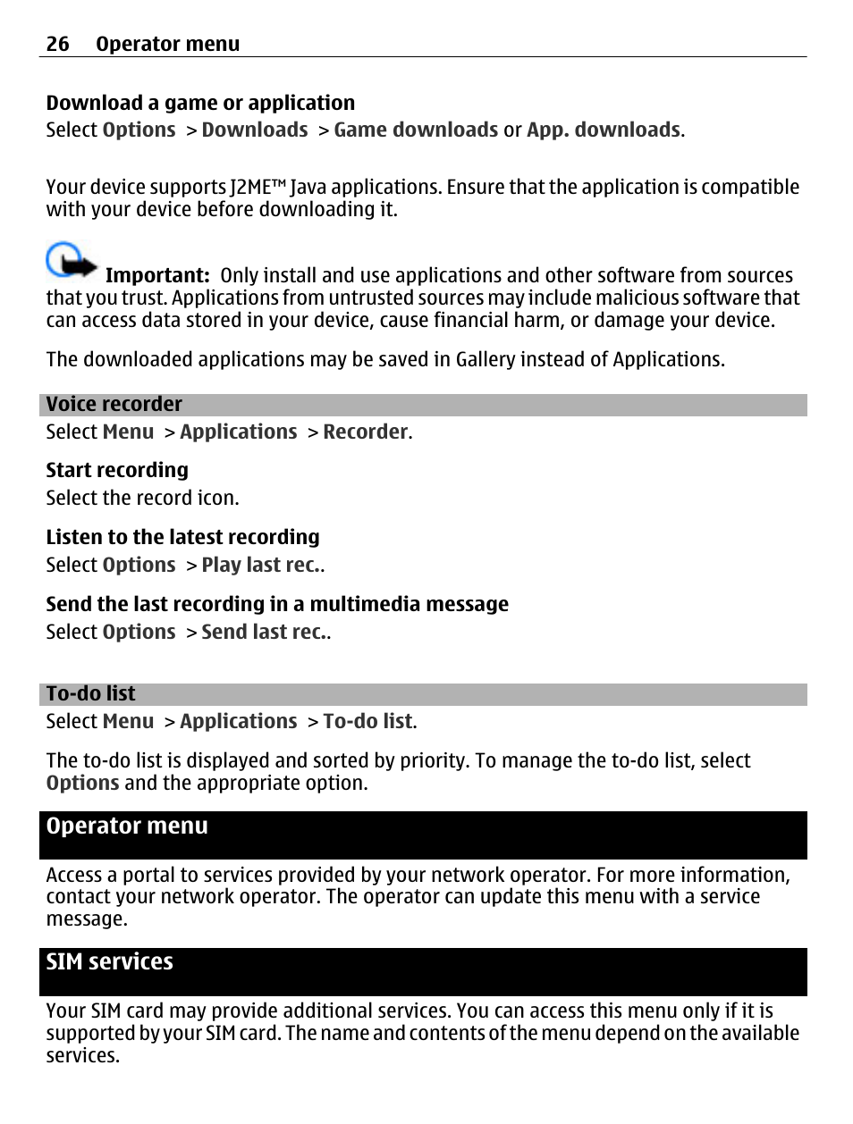 Voice recorder, To-do list, Operator menu | Sim services | Nokia C1-01 User Manual | Page 26 / 36