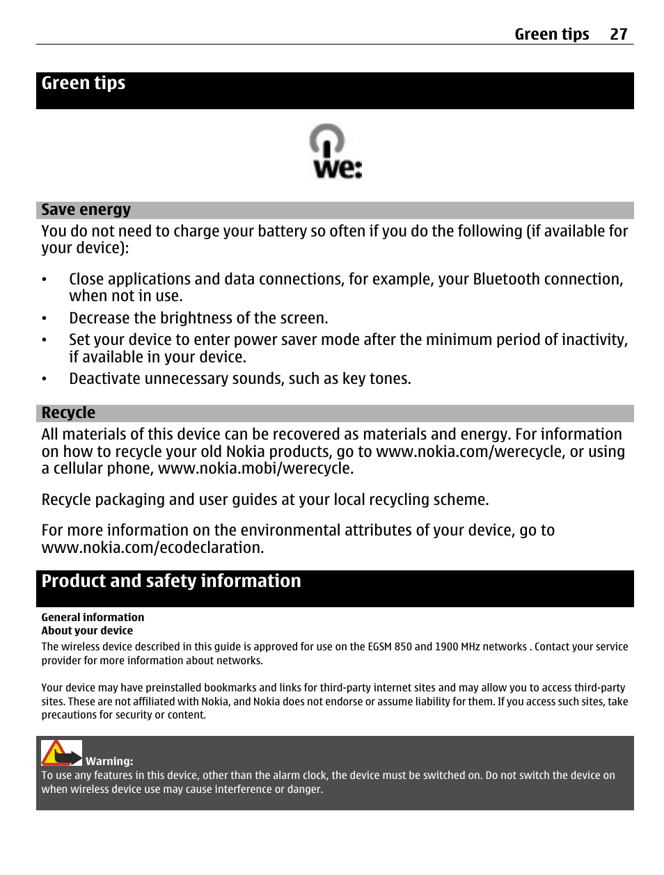 Green tips, Save energy, Recycle | Product and safety information, General information, About your device | Nokia C1-01 User Manual | Page 27 / 36