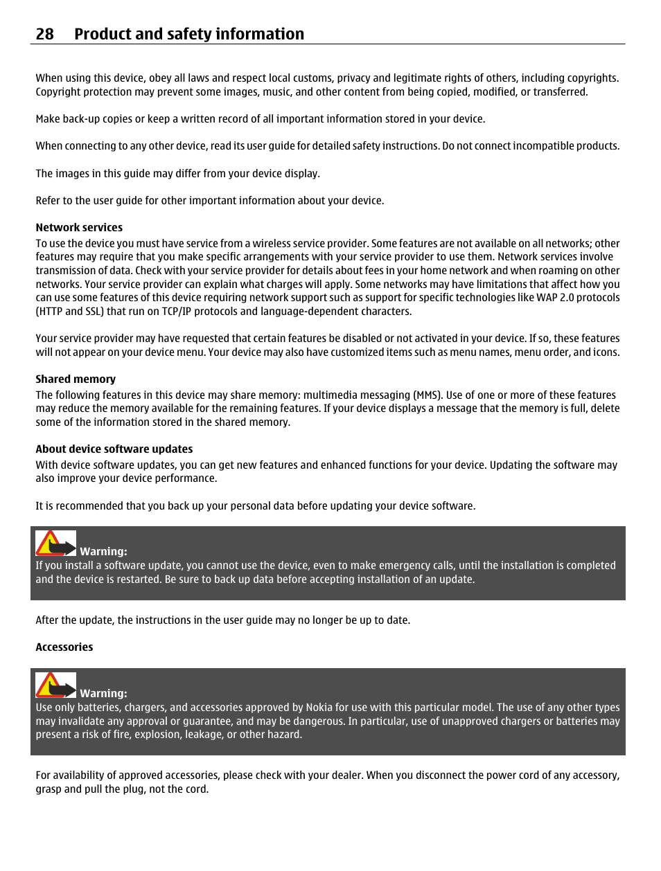 Network services, Shared memory, About device software updates | Accessories, 28 product and safety information | Nokia C1-01 User Manual | Page 28 / 36