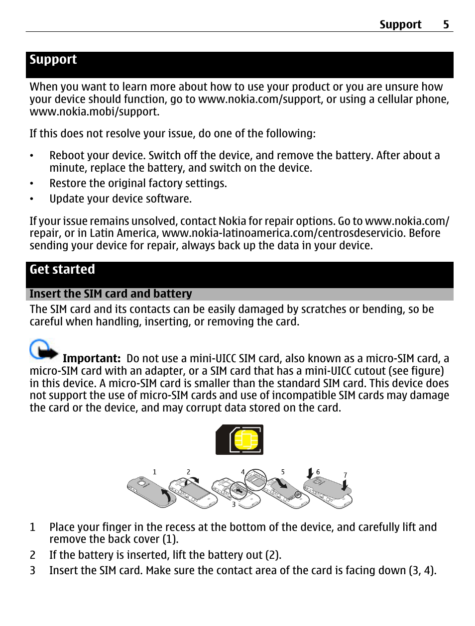 Support, Get started, Insert the sim card and battery | Nokia C1-01 User Manual | Page 5 / 36